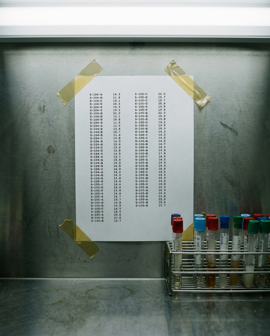 Printed batch-results sheet taped to a steel bench beside a sample rack.