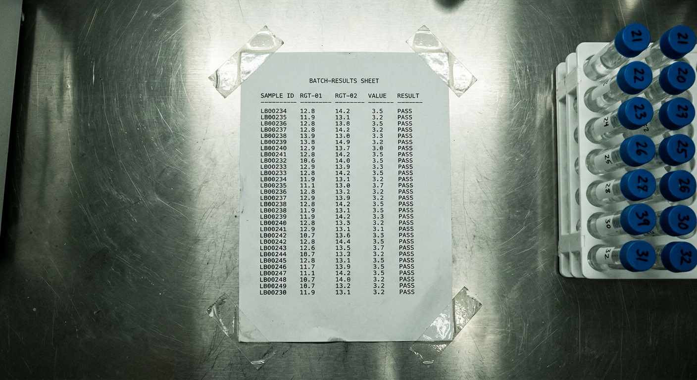 Printed batch-results sheet taped to a steel bench beside a sample rack.